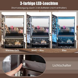 B2X Armadietto per gioielli con 3 specchi, cassetto, ruote e luci, specchio per gioielli marrone  