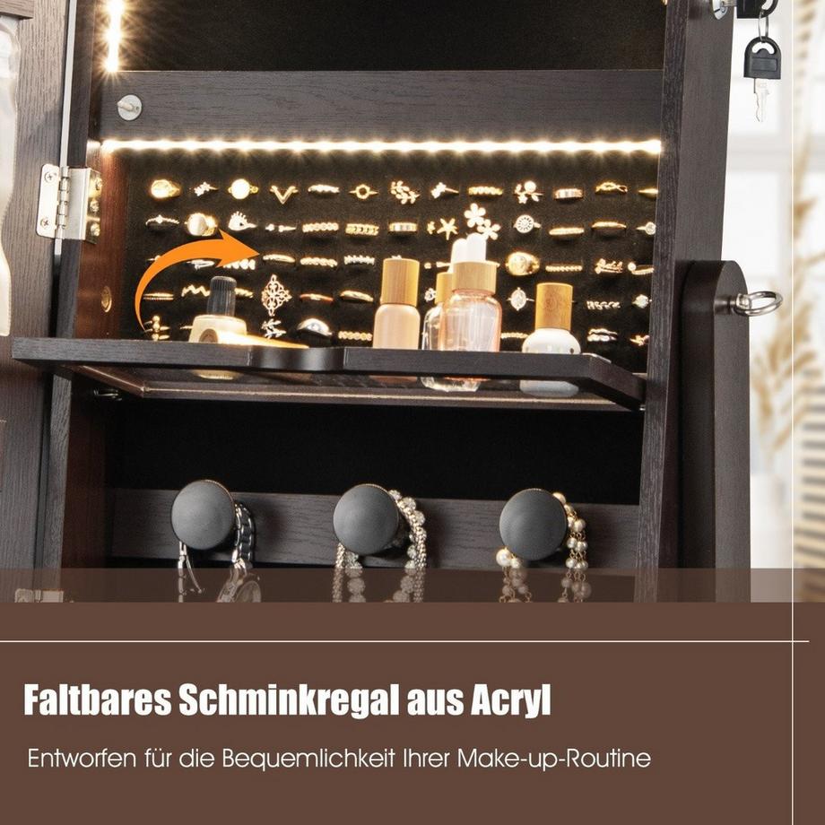 B2X Schmuckschrank mit 3 Spiegeln & Schublade & Rollen & Leuchten Schmuckspiegel Braun  