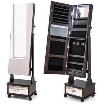 Schmuckschrank mit 3 Spiegeln & Schublade & Rollen & Leuchten Schmuckspiegel Braun