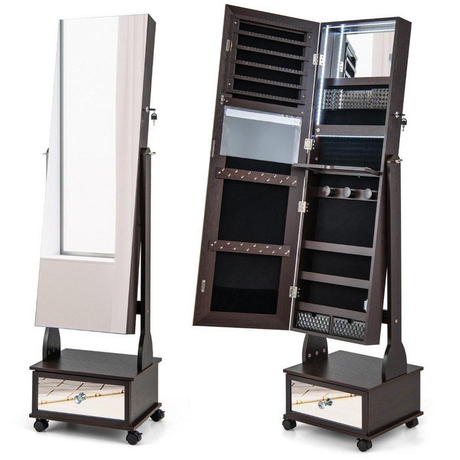 Armoire à bijoux avec 3 miroirs & tiroir & roulettes & lumières miroir à bijoux marron