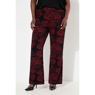 Ulla Popken  Pantaloni di jersey jacquard con fiori, taglio della gamba ampio e cintura elastica 