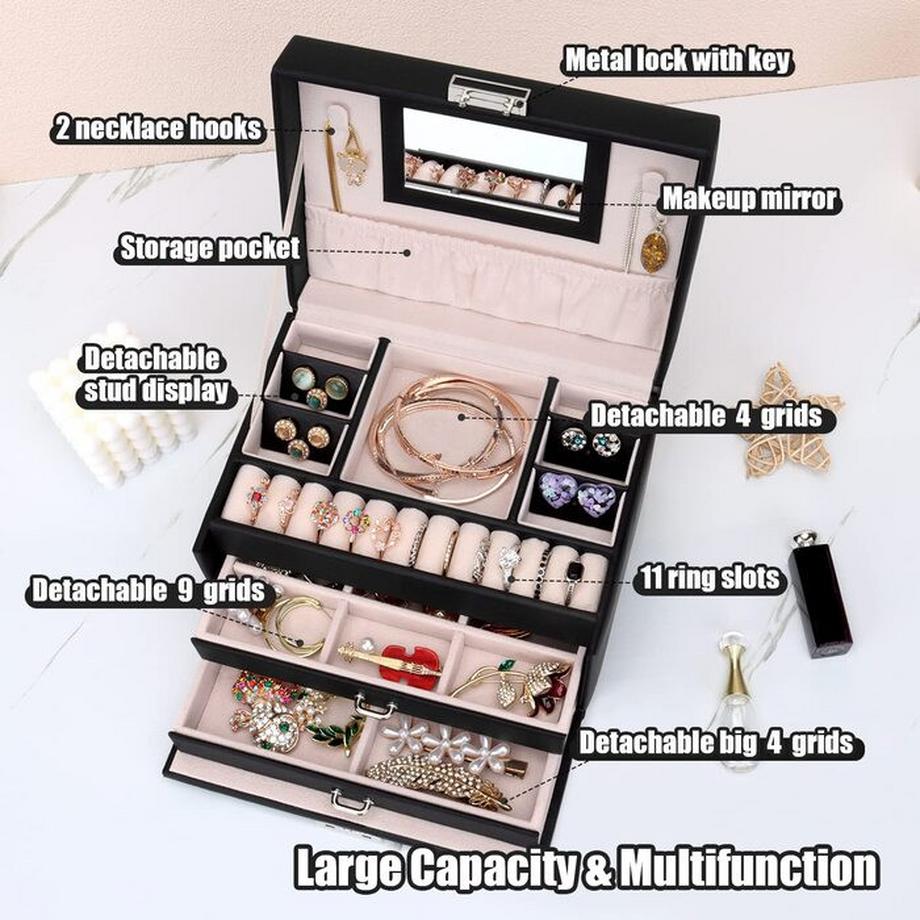 Only-bags.store  Schmuckkästchen, Schmuckkästchen mit Schubladen, PU-Leder-Schmuckkästchen Schmuckkästchen Großer Schmuck Organizer für Ringe Ohrringe Armbänder Halsketten 