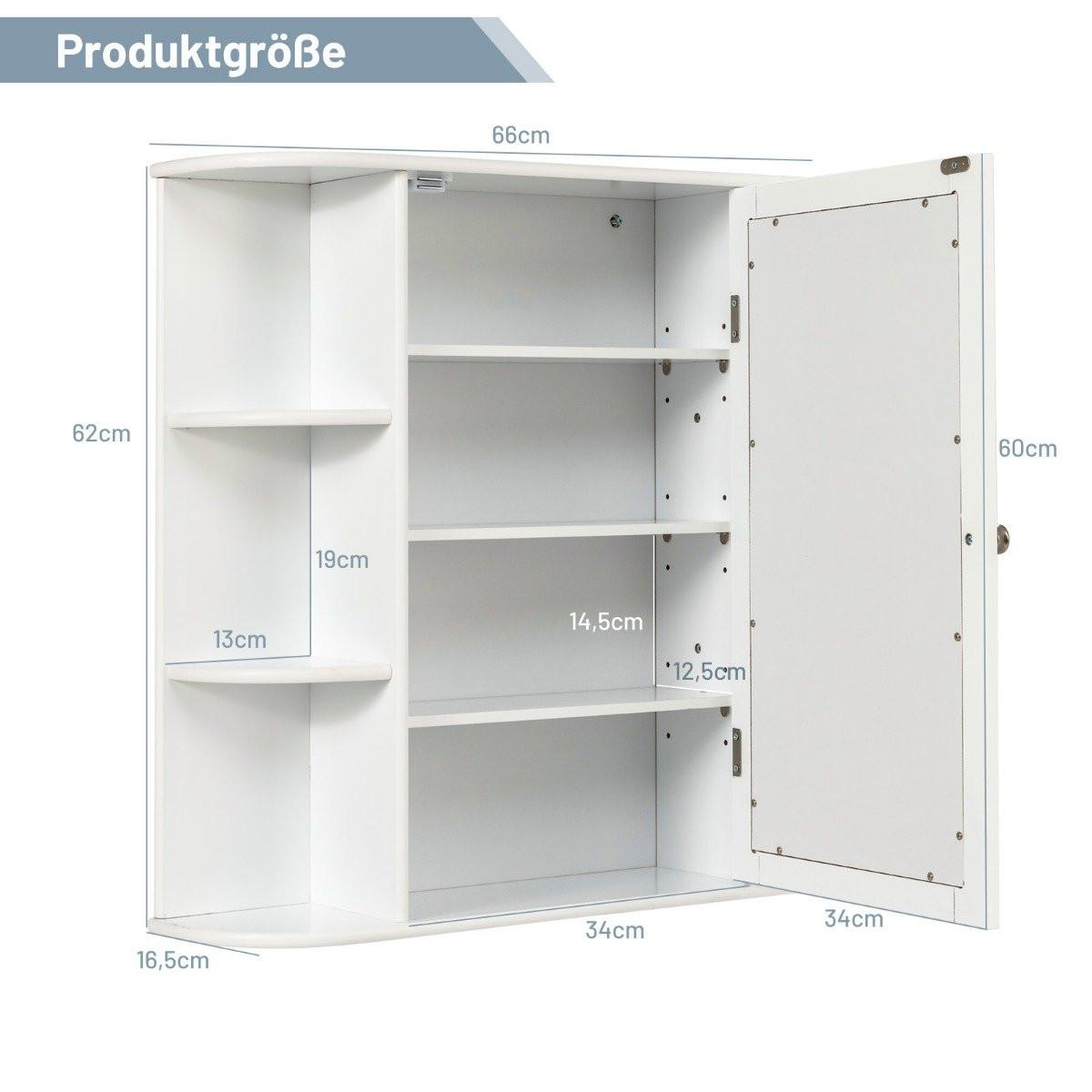 Northix Badezimmerschrank mit Spiegel 4 Fächer & 6 offene Ablagen Badschrank Spiegelschrank Hängeschrank Weiß 65 x 17 x 63 cm  