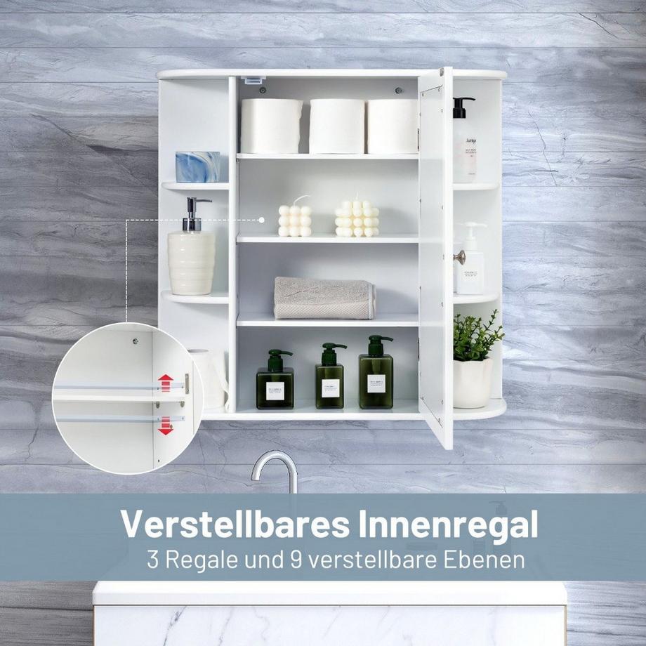 Northix Meuble de Salle de Bain avec Miroir, 4 Compartiments et 6 étagères Ouvertes, Meuble de Salle de Bain, Armoire à Miroir, Armoire Murale, Blanc, 65 x 17 x 63 cm  