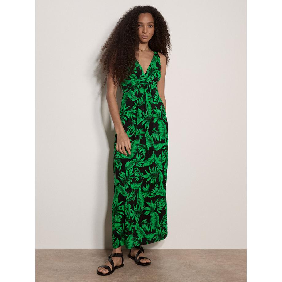 Robe longue en jersey à motif de feuilles tropicales