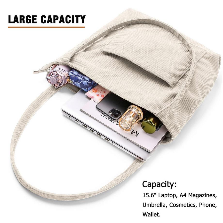 Only-bags.store Sac en Velours Côtelé Fermeture Éclair Sac à Bandoulière Sac Shopping Grand Sac Fourre-tout  