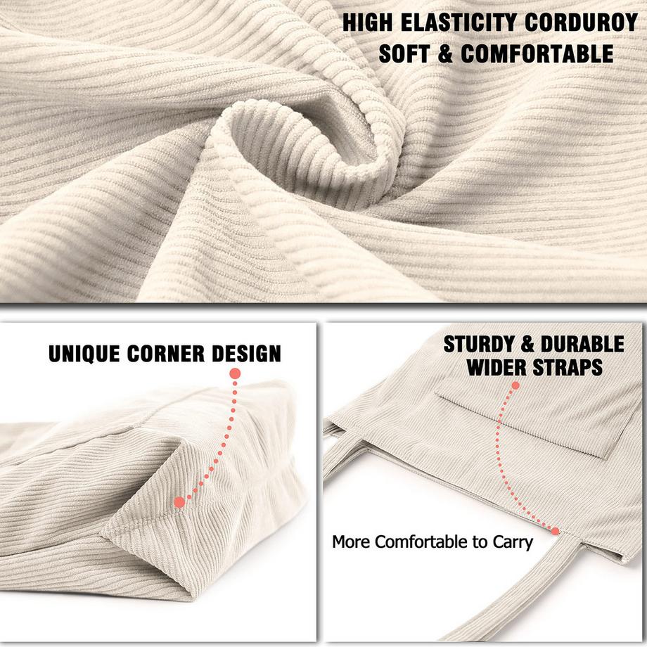 Only-bags.store Sac en Velours Côtelé Fermeture Éclair Sac à Bandoulière Sac Shopping Grand Sac Fourre-tout  