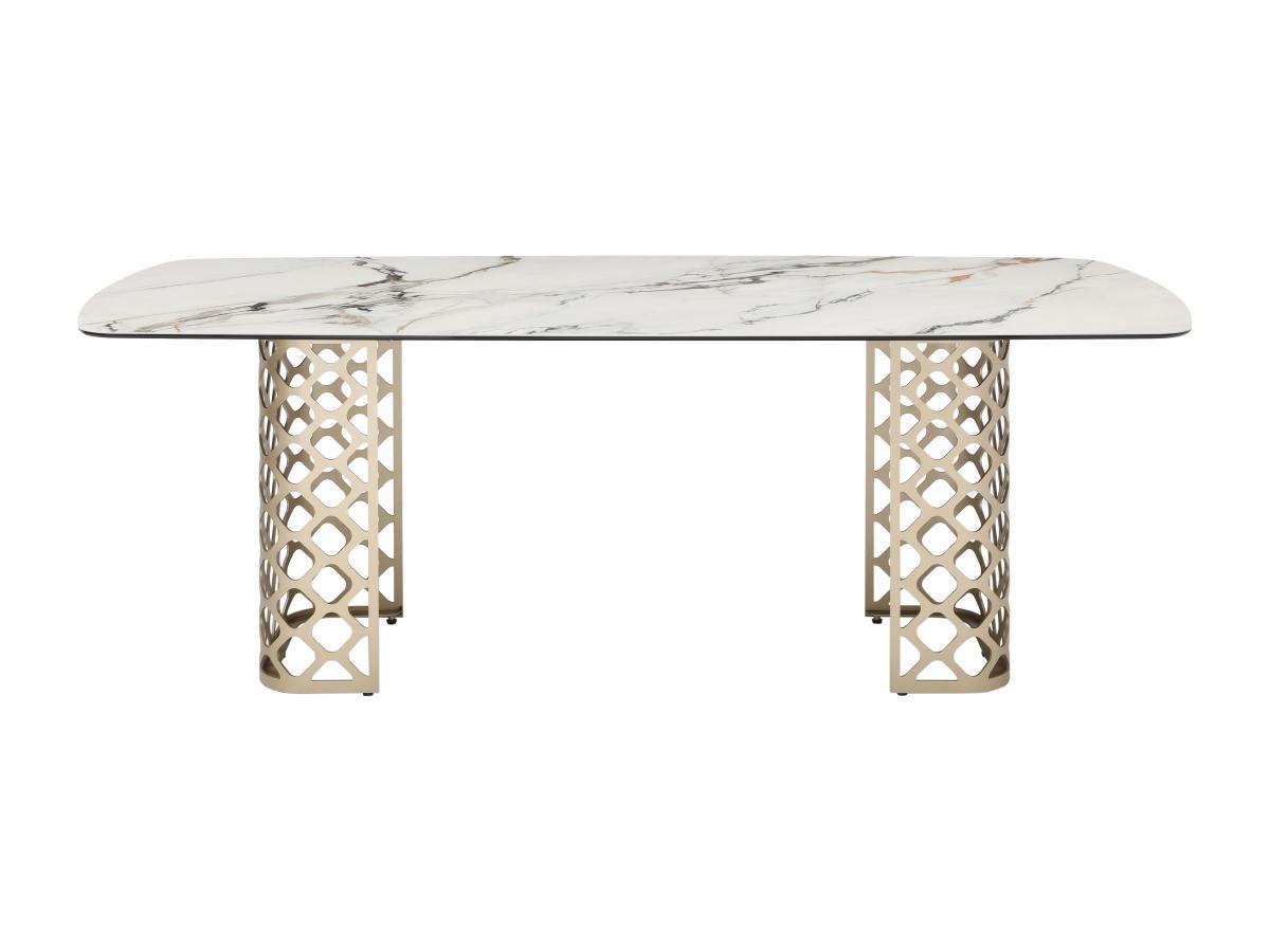 Vente-unique Tavolo da pranzo 8 coperti in Vetro temperato e Ceramica Effetto marmo Bianco e Oro - GOLDENA  