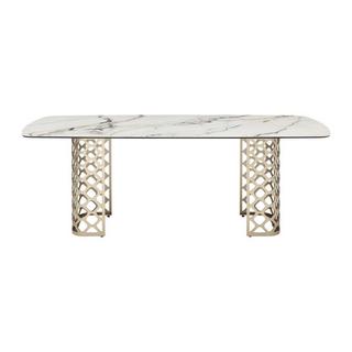 Vente-unique Tavolo da pranzo 8 coperti in Vetro temperato e Ceramica Effetto marmo Bianco e Oro - GOLDENA  