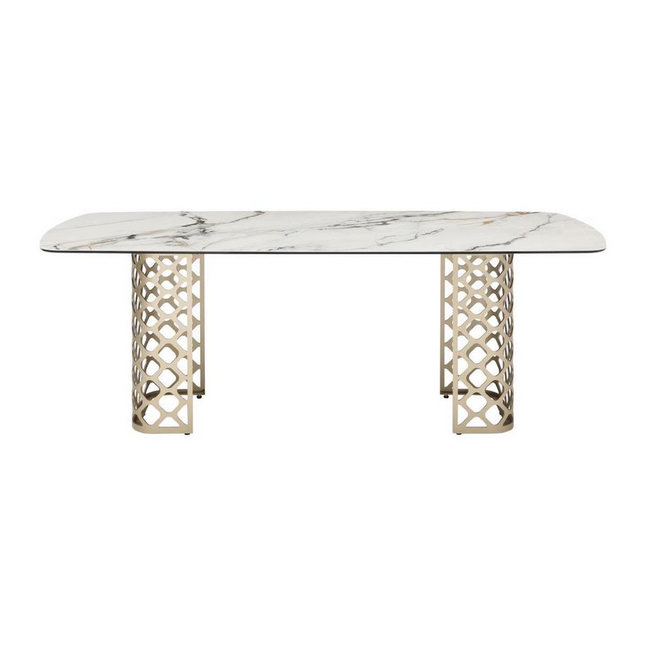 Vente-unique Tavolo da pranzo 8 coperti in Vetro temperato e Ceramica Effetto marmo Bianco e Oro - GOLDENA  