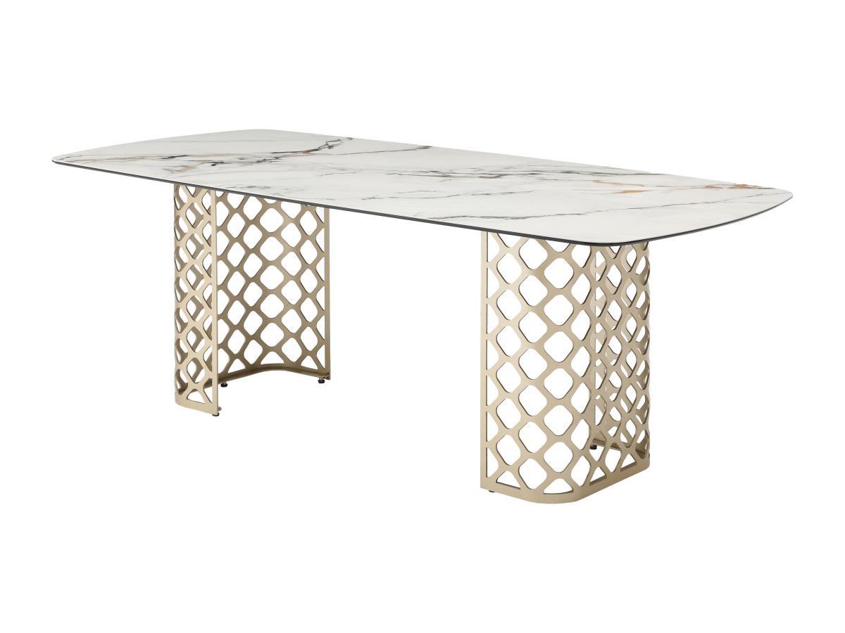 Vente-unique Table à manger 8 couverts en verre trempé et céramique - Effet marbre blanc et doré - GOLDENA  