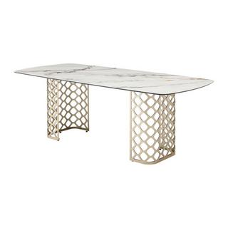 Vente-unique Table à manger 8 couverts en verre trempé et céramique - Effet marbre blanc et doré - GOLDENA  