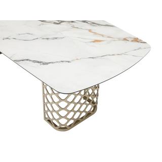 Vente-unique Tavolo da pranzo 8 coperti in Vetro temperato e Ceramica Effetto marmo Bianco e Oro - GOLDENA  
