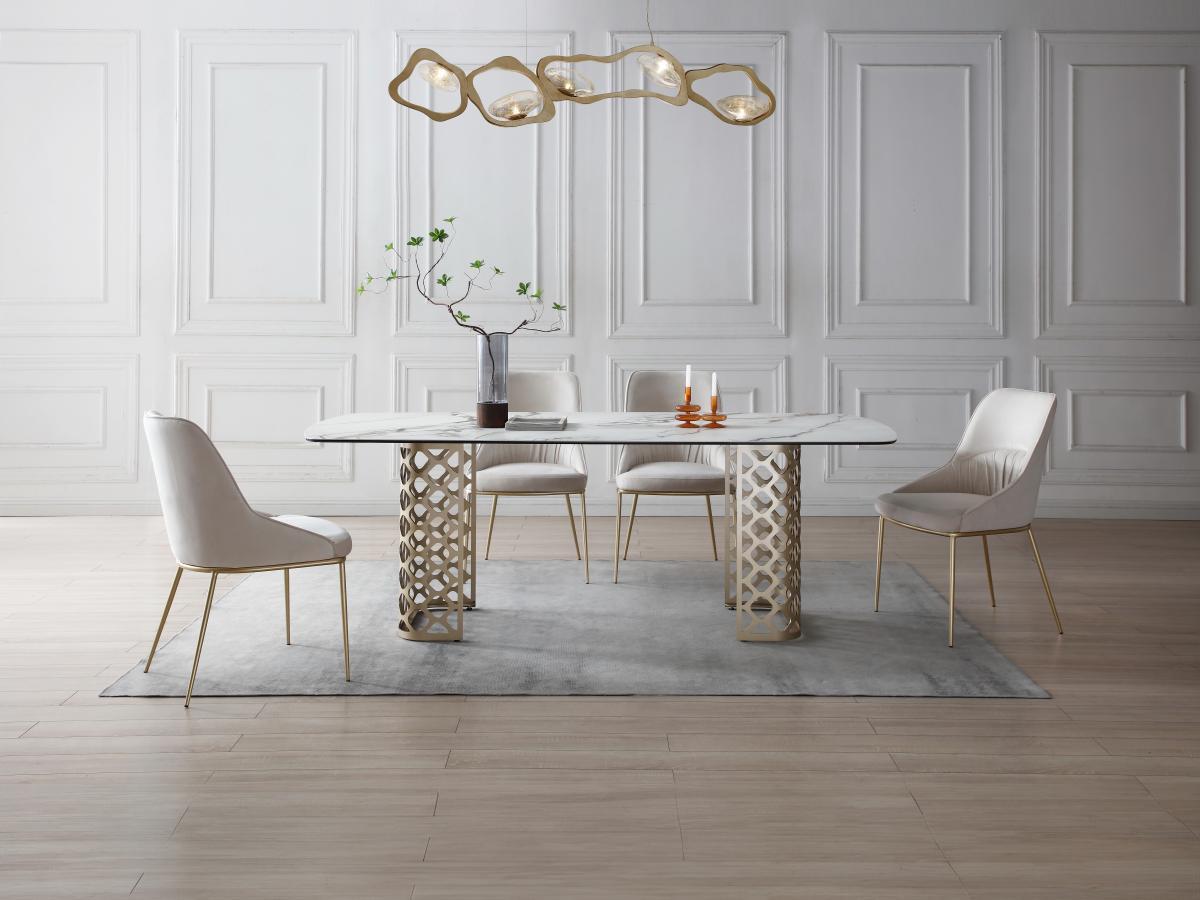 Vente-unique Tavolo da pranzo 8 coperti in Vetro temperato e Ceramica Effetto marmo Bianco e Oro - GOLDENA  