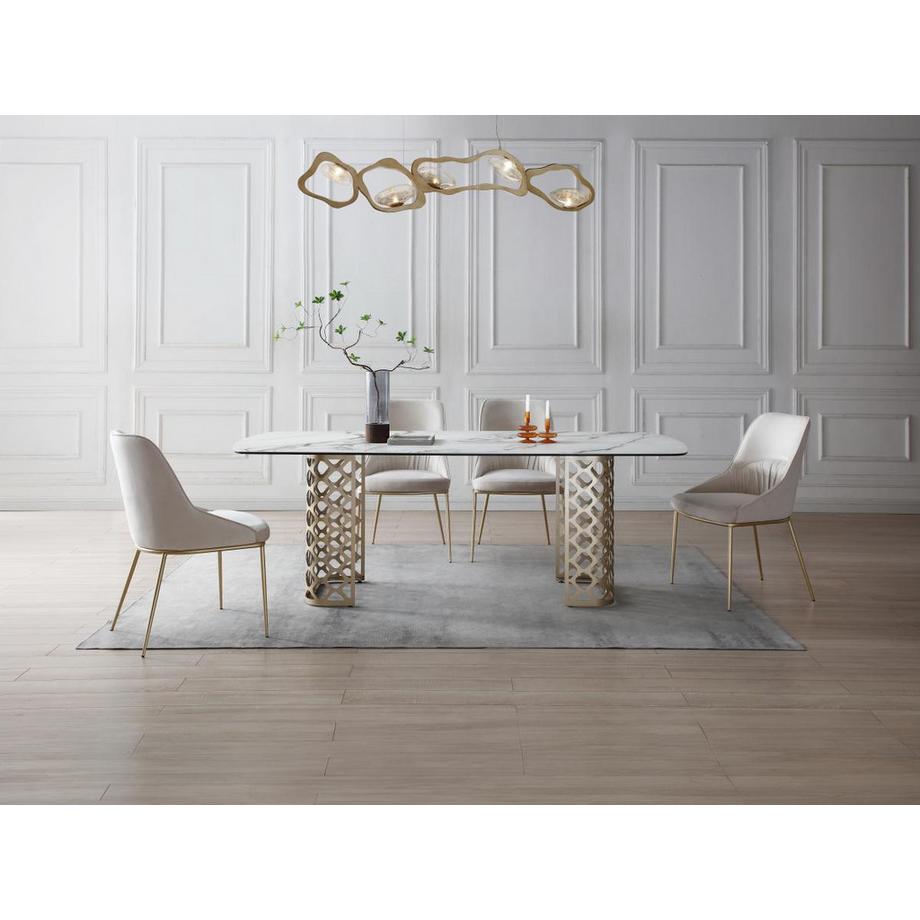 Vente-unique Tavolo da pranzo 8 coperti in Vetro temperato e Ceramica Effetto marmo Bianco e Oro - GOLDENA  