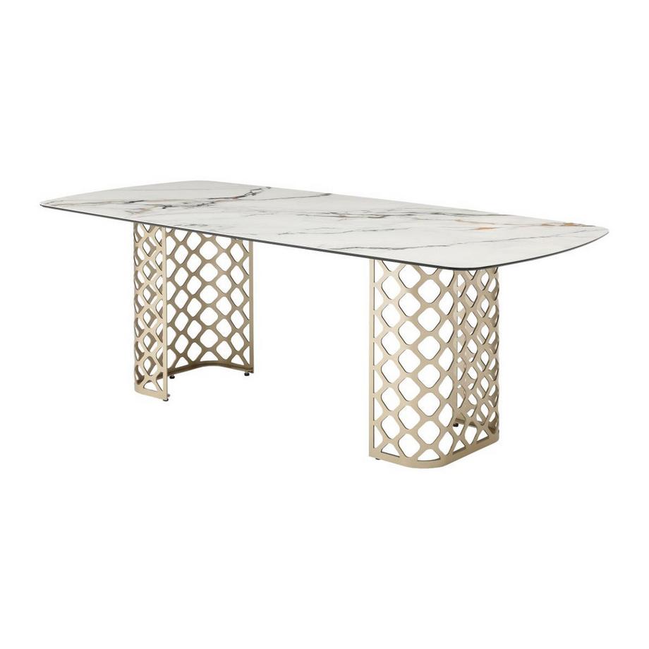 Tavolo da pranzo 8 coperti in Vetro temperato e Ceramica Effetto marmo Bianco e Oro - GOLDENA