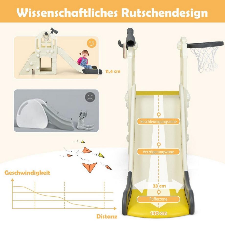 Northix  Kinderrutsche Kletterrutsche mit Basketballkorb Ball Ringwurf und Teleskop 189,5 x 83 x 98 cm Gelb 