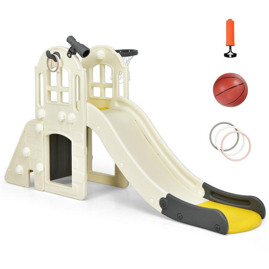 Northix  Kinderrutsche Kletterrutsche mit Basketballkorb Ball Ringwurf und Teleskop 189,5 x 83 x 98 cm Gelb 