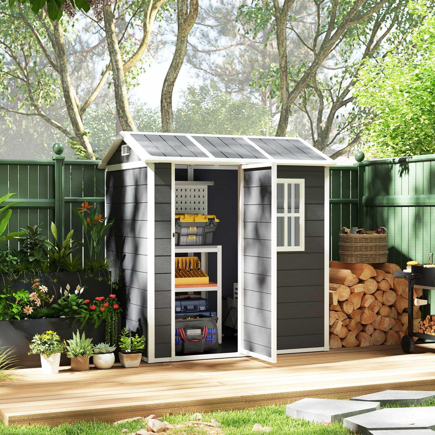 Northio Capanno per attrezzi in plastica 2,1 m² 186 x 130 x 199 cm Capanno per attrezzi con tetto a due falde, pavimento, finestra, porta con serratura, capanno da giardino resistente alle intemperie, capanno da giardino per esterni, per cortile, grigio Aosom  