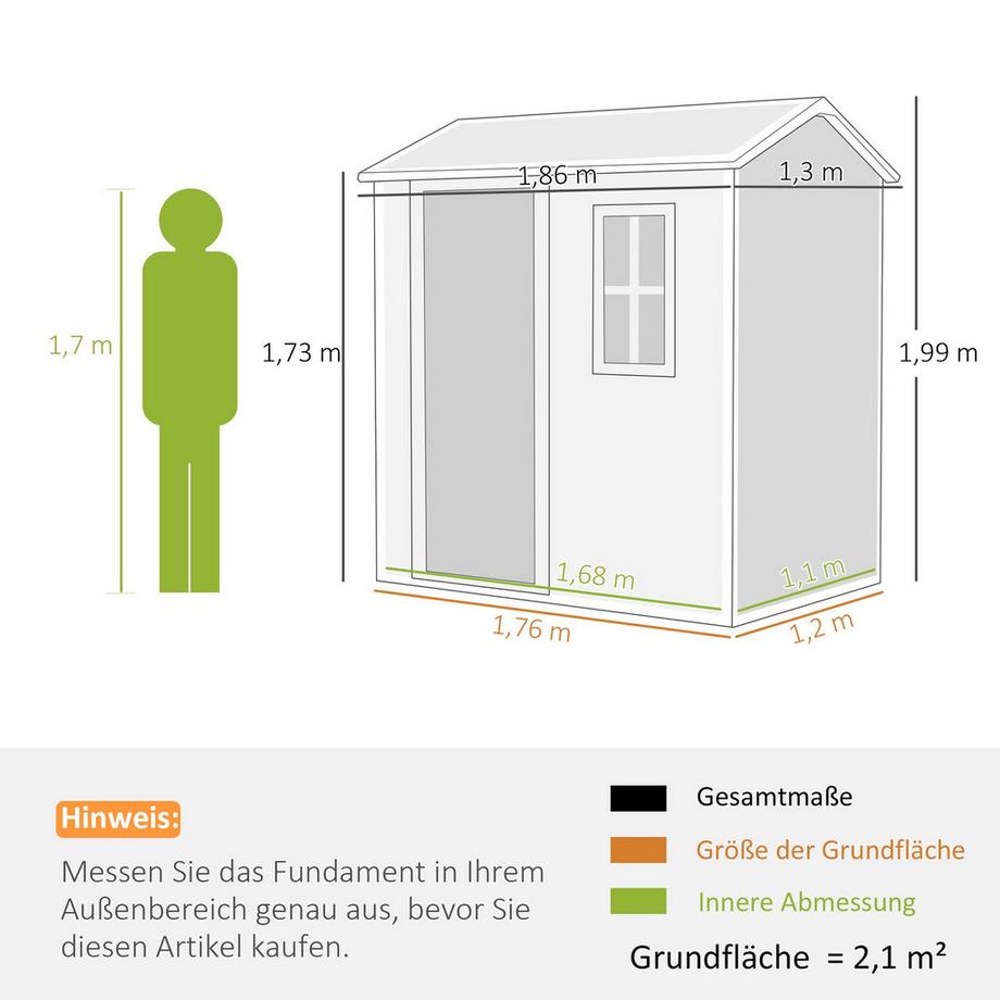 Northio Gerätehaus Kunststoff 2,1m² 186 x 130 x 199cm Geräteschuppen mit Satteldach Boden Fenster Abschließbarer Tür wetterfest Gartenhaus Outdoor Garten Schuppen für Hinterhof Grau Aosom  