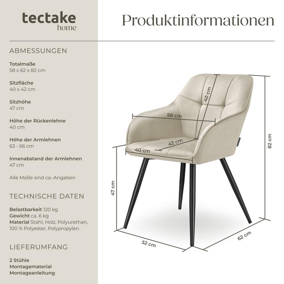 Tectake Chaise de salle à manger MARILYN rembourrée et en velours matelassé  