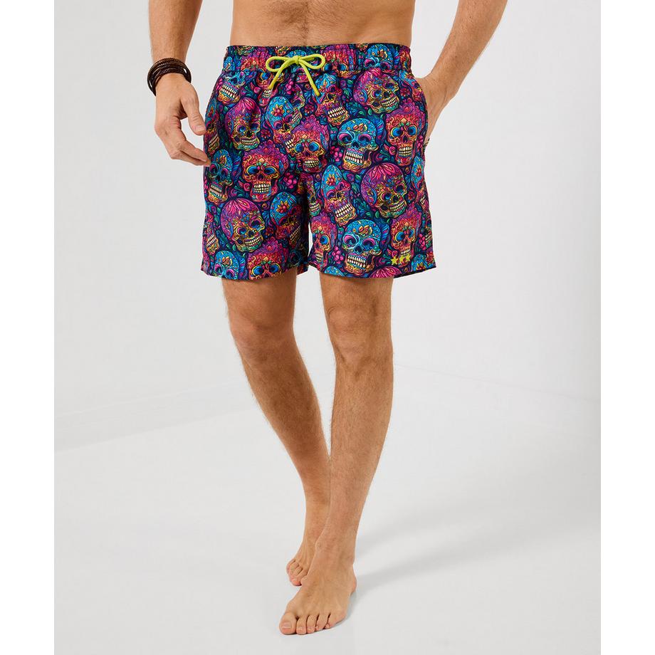 Badeshorts mit neonfarbenem Totenkopfmuster