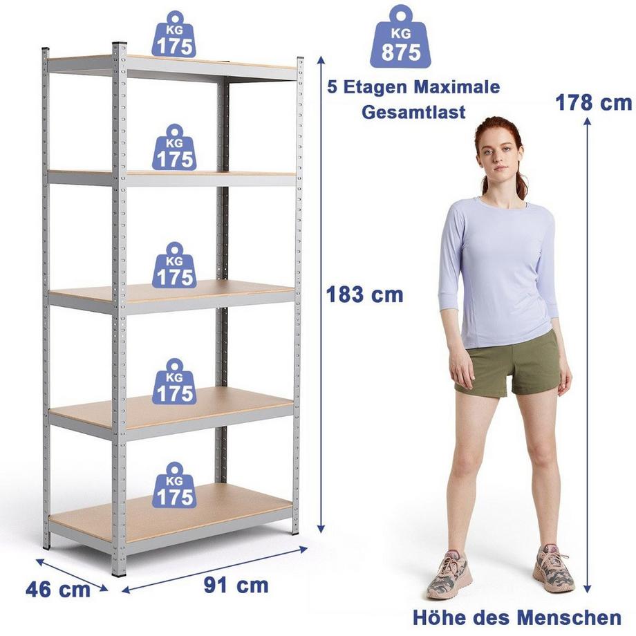 Northix  Lagerregal Schwerlastregal Steckregal Metallregal 5 Ebenen Werkstattregal 91 x 46 x 183 cm Silber 