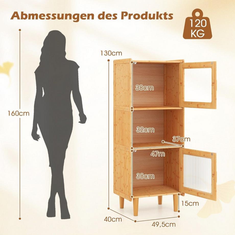 B2X Küchenschrank aus Bambus 3-stöckiger Buffetschrank mit 2 Acryltüren Natur 49,5 x 40 x 130 cm  