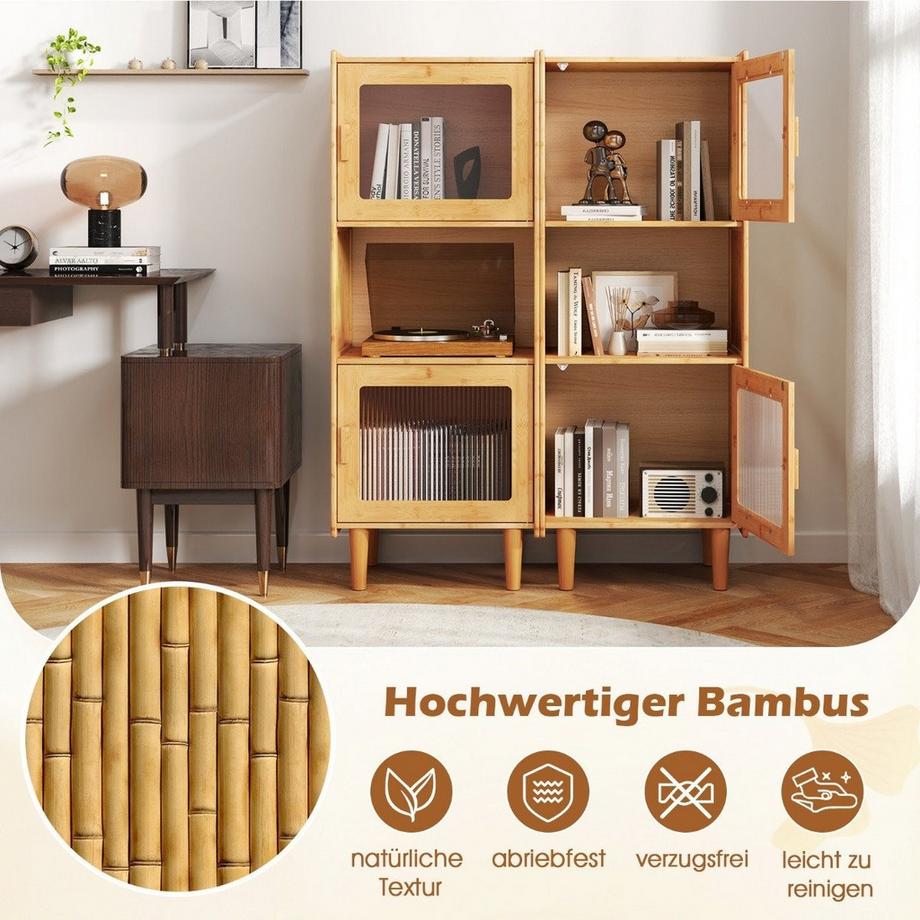 B2X Küchenschrank aus Bambus 3-stöckiger Buffetschrank mit 2 Acryltüren Natur 49,5 x 40 x 130 cm  