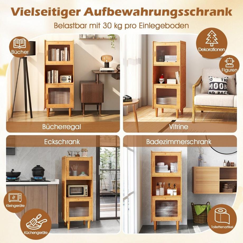 Küchenschrank aus Bambus 3-stöckiger Buffetschrank mit 2 Acryltüren Natur 49,5 x 40 x 130 cm
