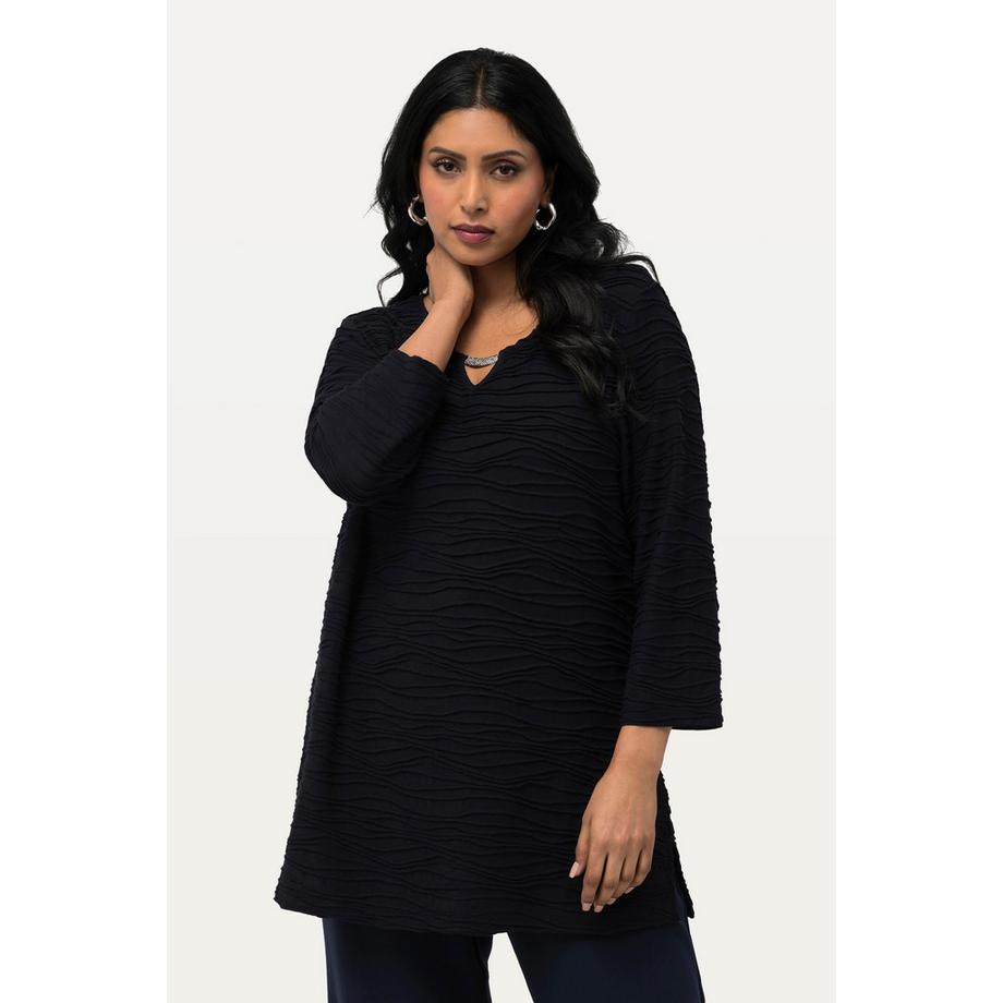 Ulla Popken T-Shirt Texture Ondulée Découpe Fantaisie Col Rond Manches 3/4  