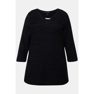 Ulla Popken  T-shirt à col rond et manches 3/4, texture ondulée, découpe fantaisie 