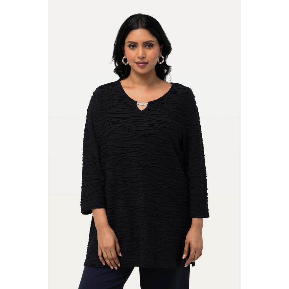 Ulla Popken T-Shirt Texture Ondulée Découpe Fantaisie Col Rond Manches 3/4  