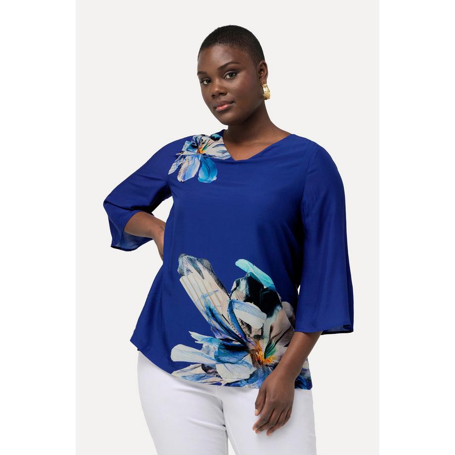 Ulla Popken Bluse Blüten Oversized V-Ausschnitt 3/4-Glockenärmel  
