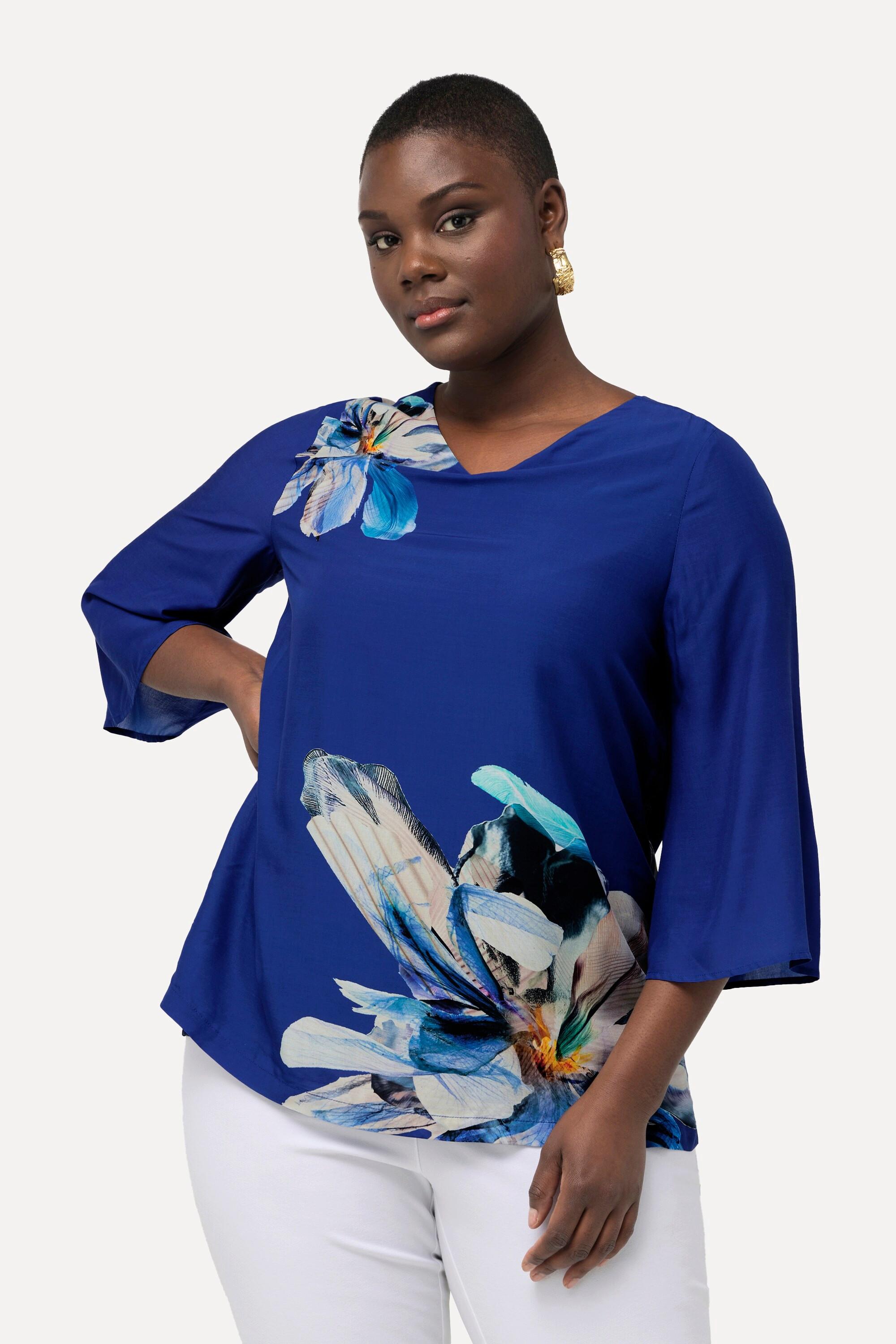 Ulla Popken Blouse à fleurs Encolure en V Manches 3/4 Cloche Oversized  