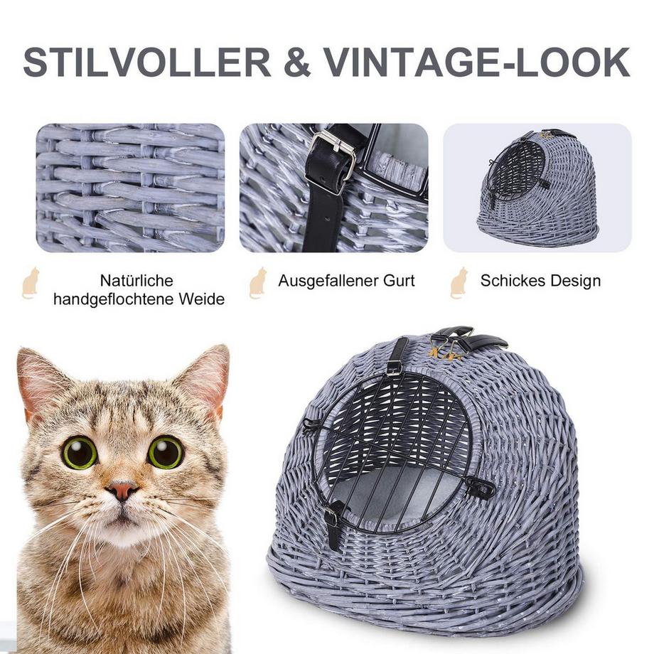 Northio  Transportbox Für Katzen Und Hunde Weidekorbhöhle Mit Gitter, Grau, 47X35X35 Cm 