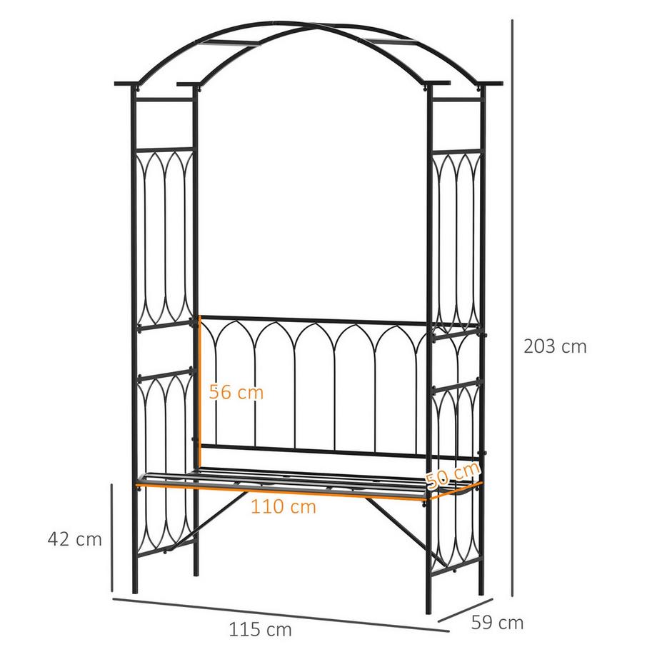 Northio Arco Di Rose Con Panca, Panca Di Rose, Panca Pergolato, Panca Del Filosofo, Traliccio, Panca Da Giardino, Metallo, Nero, 115 X 50 X 203 Cm  