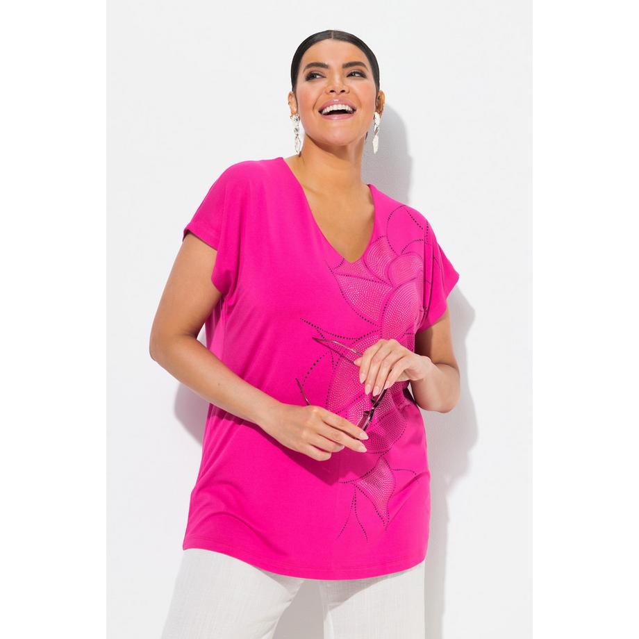 Ulla Popken Oversized Glitzerdruck Halbarm V-Ausschnitt T-Shirt  