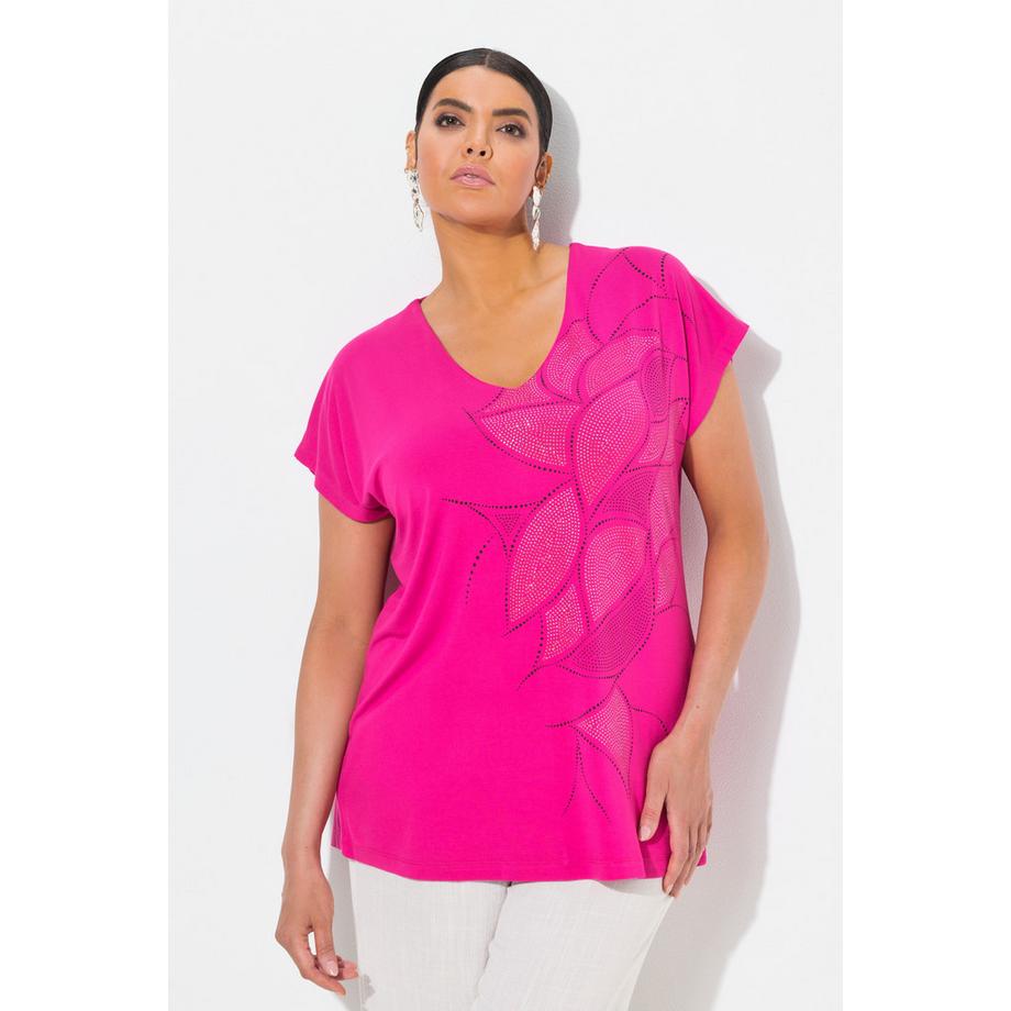 Ulla Popken Oversized Glitzerdruck Halbarm V-Ausschnitt T-Shirt  