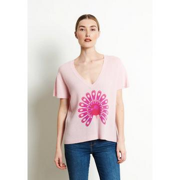 RIA 5 T-shirt collo a V stampa pavone - 100% cashmere