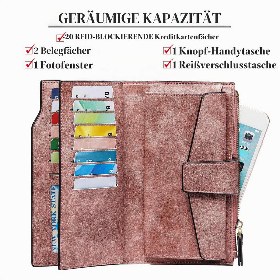 Only-bags.store Vegane Ledergeldbörse RFID-Schutz Große, viele Fächer Lange Brieftasche mit 20 Kartenfächern  