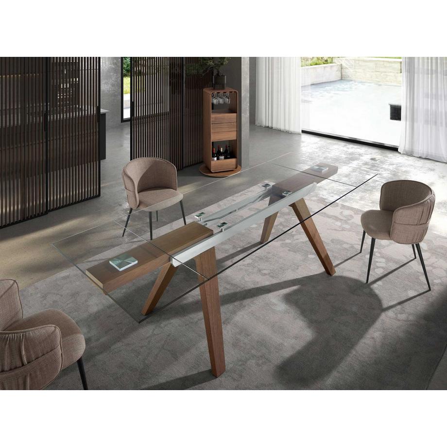 ANGEL CERDA Table à manger à rallonge rectangulaire verre trempé et noyer  