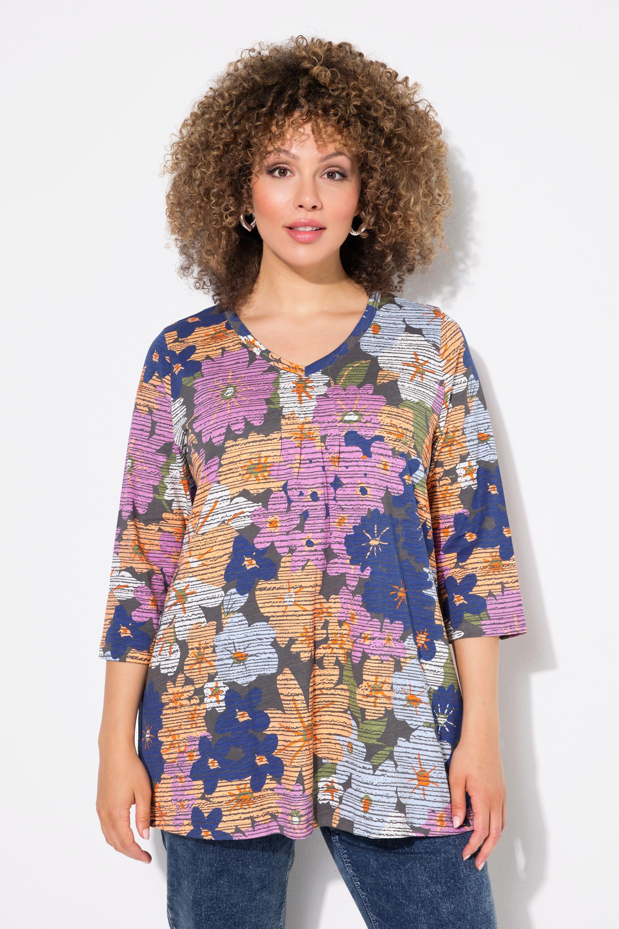 Ulla Popken  Shirt, Blüten, A-Linie, Zierfalten, V-Ausschnitt, 3/4-Arm 