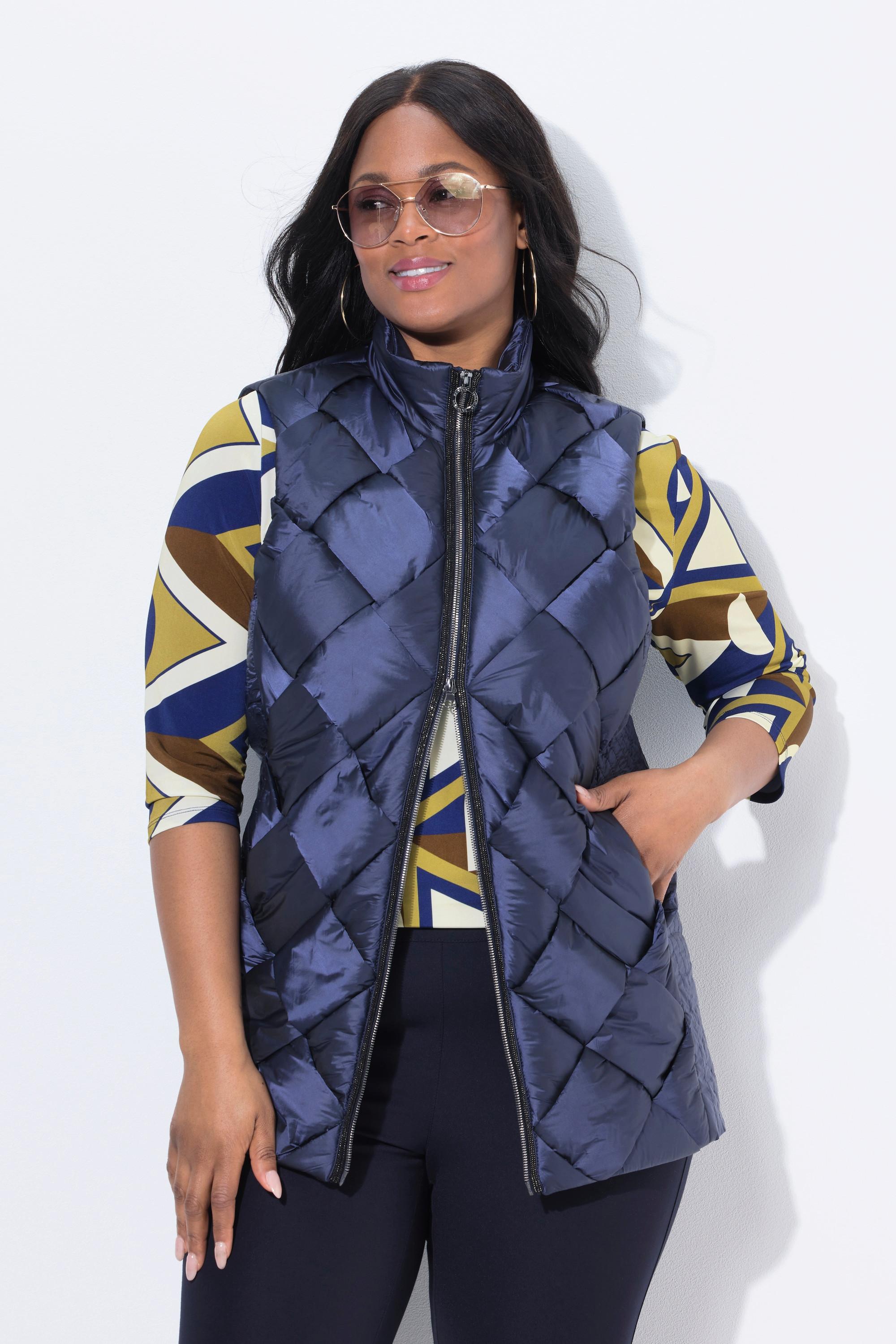 Ulla Popken Long Steppweste Stehkragen Two-Tone Stepp Ärmellos  