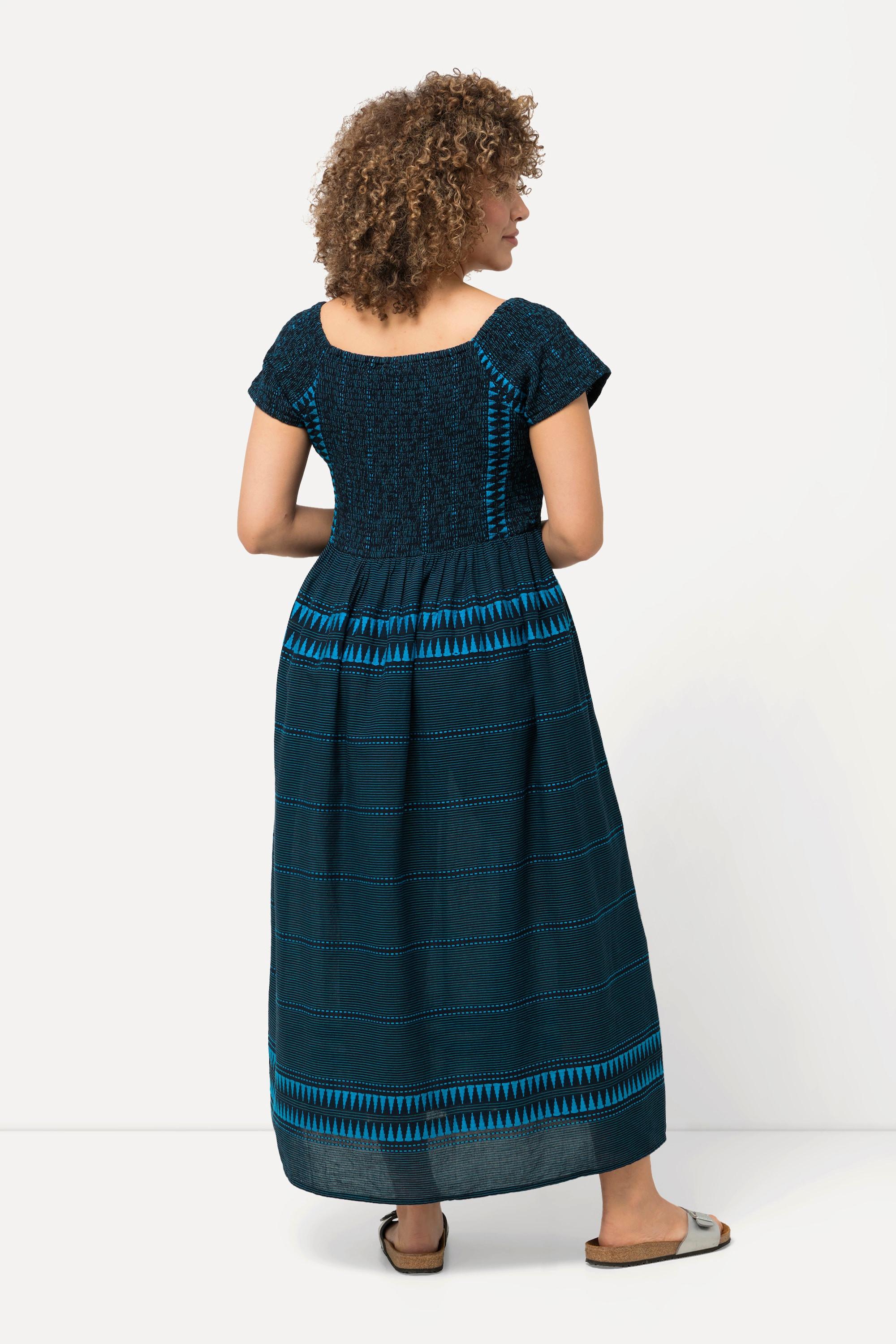 Ulla Popken Maxi Abito Fantasia Etnica Scollo Rettangolare Mezze Maniche  