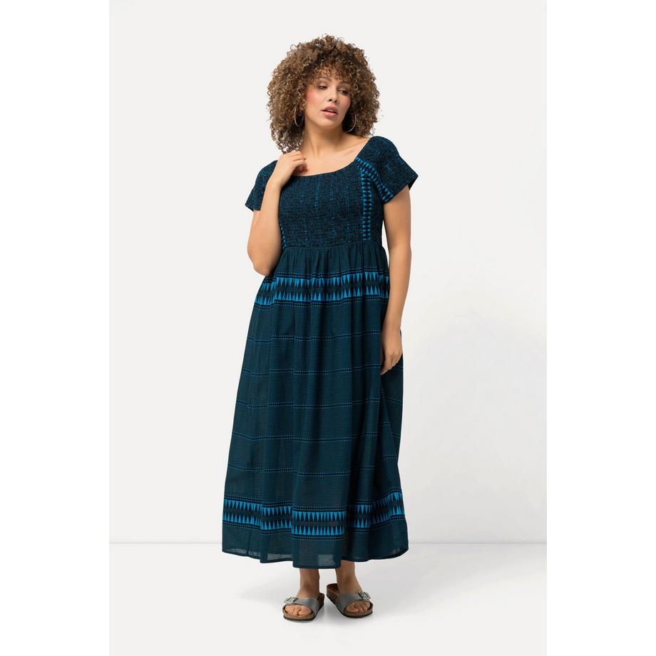 Ulla Popken Maxi Abito Fantasia Etnica Scollo Rettangolare Mezze Maniche  