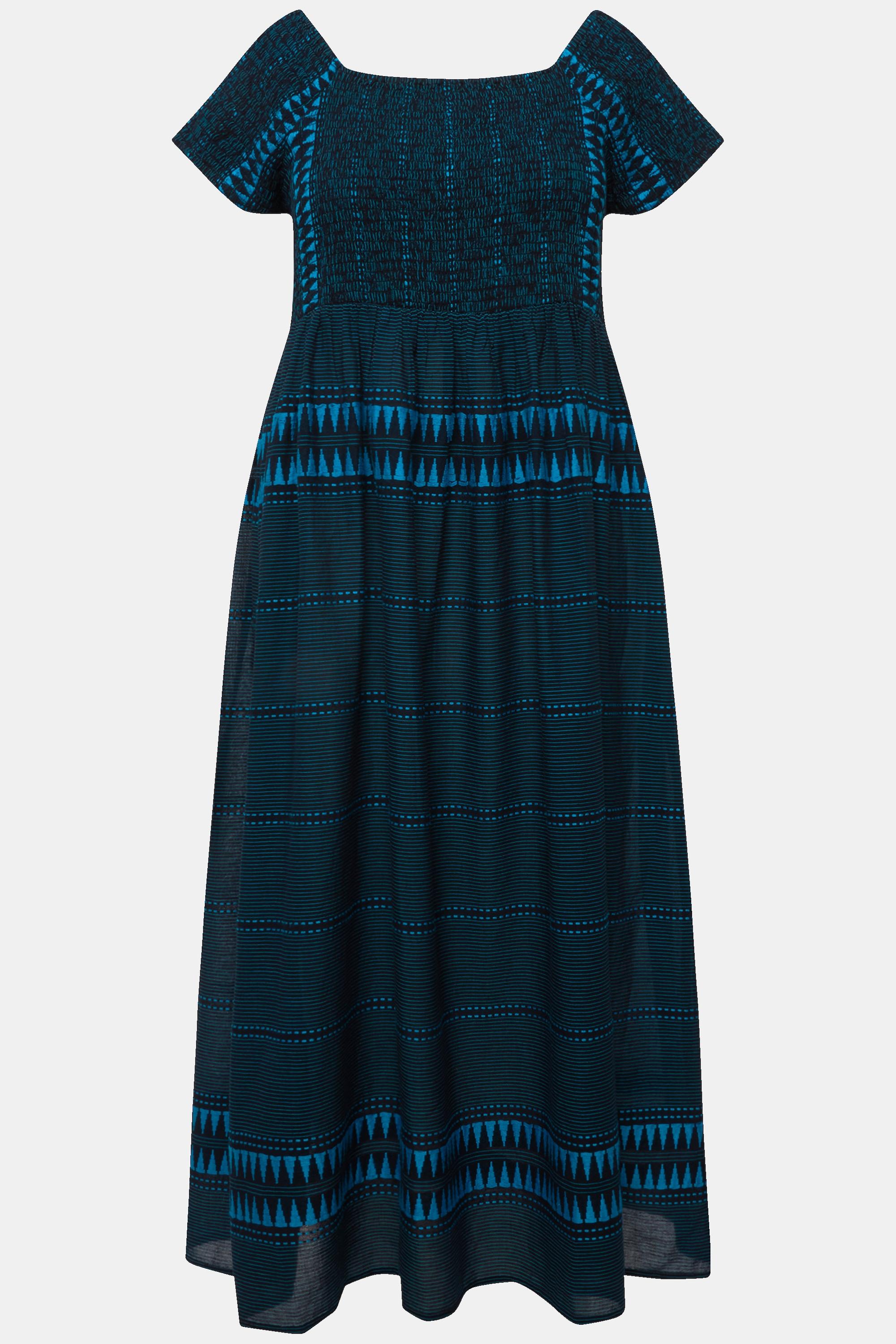 Ulla Popken Maxi Abito Fantasia Etnica Scollo Rettangolare Mezze Maniche  