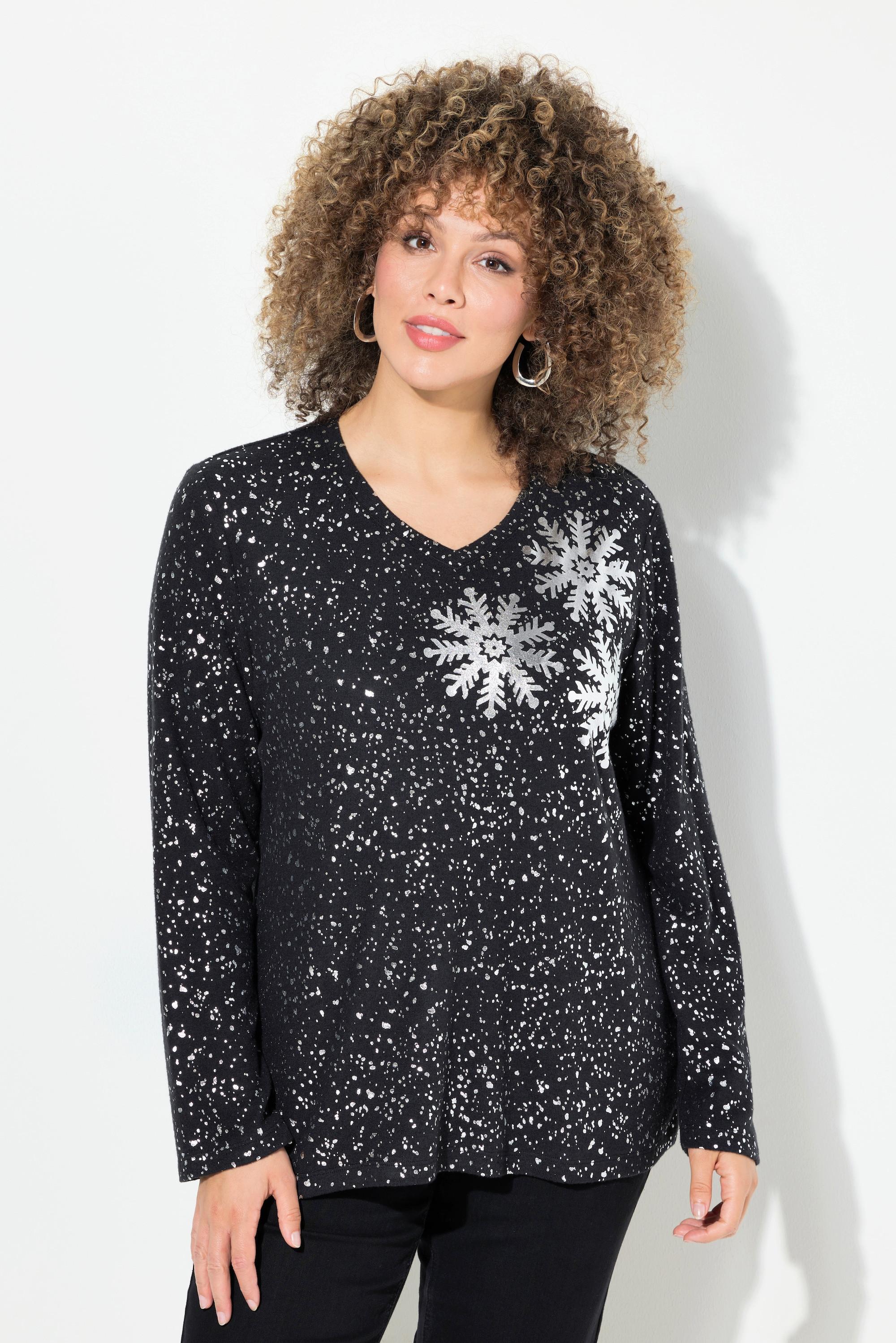 Ulla Popken Flocons de Neige Col V Manches Longues Sweat-shirt  