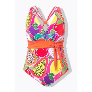 Ulla Popken  Maillot de bain à bonnets souples, imprimé fruits décolleté esprit cache-cœur, matière recyclée 