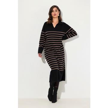 Robe midi en maille, col et encolure en V, manches longues et rayures